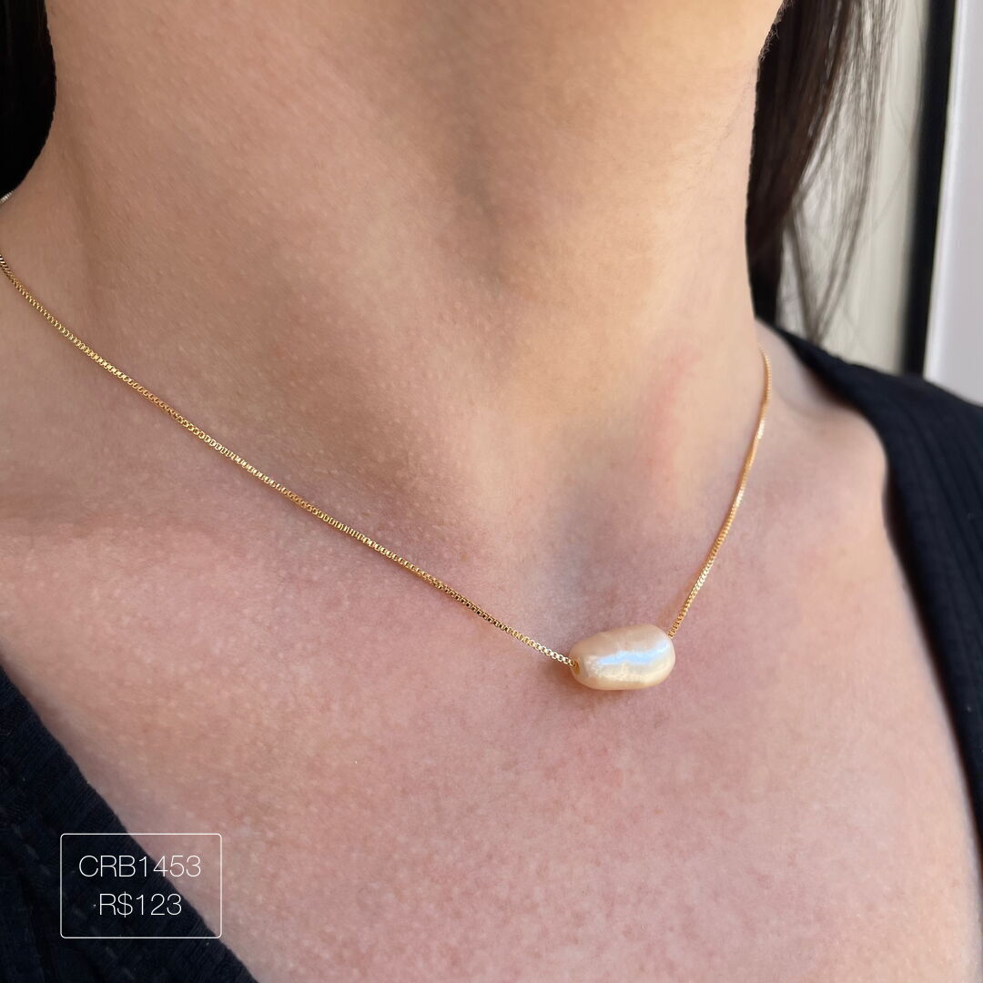 Colar c/ Pérola de Água Doce Liso Dourado